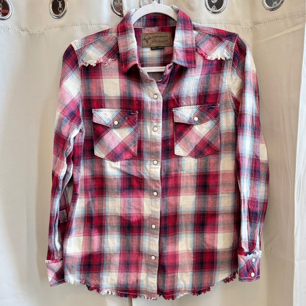 Legendary Stockyards Mens Shirt Plaid Pearl Snap Flannel M Raw Hem Western 19855